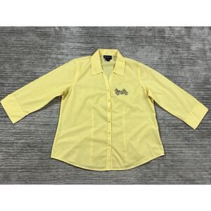 LasOlas Top Womens Small‎ Yellow Button Up 3/4 Sleeve Studded Motorcycle